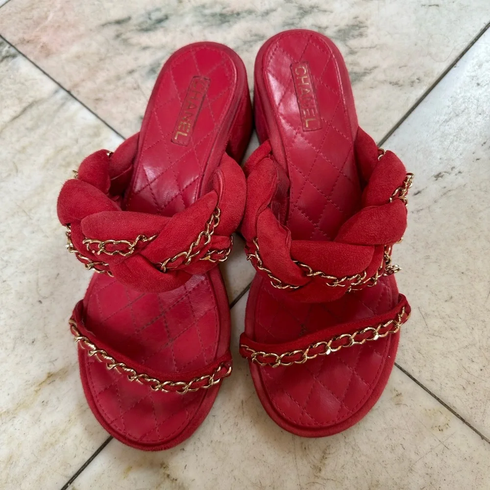 Red gold chain chain block heel sandals 37.5 7.5 - Picture 3 of 4